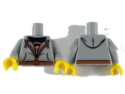 LEGO onderdeel Torso Jacket Hoodie with Orange Zipper, Drawstrings, and Waistband over Dark Blue T-Shirt Pattern / Light Bluish Gray Arms / Yellow Hands (973pb0843c01)
