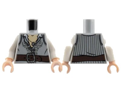 LEGO onderdeel Torso Vest Partially Open with Silver Buttons and Dark Bluish Gray Embroidery and Pinstripes over White Shirt, Dark Brown Belt with Buckle, Pendant Necklace, Light Nougat Chest Pattern / White Arms / Light Nougat Hands (973pb0889c01)
