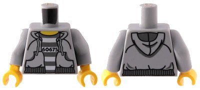 LEGO onderdeel Torso Town Prisoner Number 60675, Hooded Sweatshirt over Prison Stripes Pattern / Light Bluish Gray Arms / Yellow Hands (973pb1029c01)