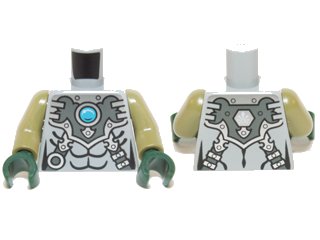 LEGO onderdeel Torso Chima Silver Armor with Straps and Blue Round Jewel (Chi) Pattern / Olive Green Arms / Dark Green Hands (973pb1633c02)