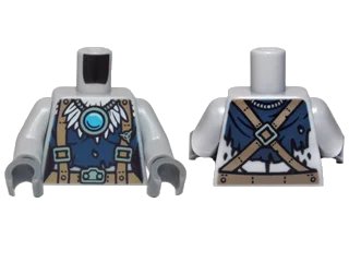 LEGO onderdeel Torso Feathers, Dark Blue Shirt, Dark Tan Belt and Suspenders and Blue Round Jewel (Chi) Pattern / Light Bluish Gray Arms / Dark Bluish Gray Hands (973pb1894c01)