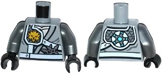 LEGO onderdeel Torso Ninjago Shoulder Protection with White Straps and Gold Lion Emblem over Robes, Shurikens in Belt Pattern / Flat Silver Arms / Black Hands (973pb1977c01)