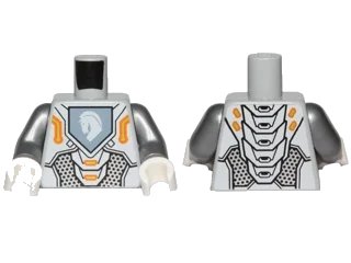 LEGO onderdeel Torso Nexo Knights Armor with Orange and Gold Circuitry and White Horse Head on Sand Blue Pentagonal Shield Pattern / Flat Silver Arms / White Hands (973pb2237c01)