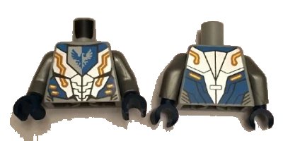LEGO onderdeel Torso Nexo Knights Armor with Orange and Gold Circuitry and Emblem with Blue Falcon Pattern / Flat Silver Arms / Dark Blue Hands (973pb2279c01)