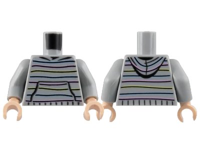 LEGO onderdeel Torso Hoodie with Bright Light Yellow, Bright Pink, and Bright Light Blue Horizontal Stripes, Wide Front Pocket Pattern / Light Bluish Gray Arms / Light Nougat Hands (973pb3219c01)