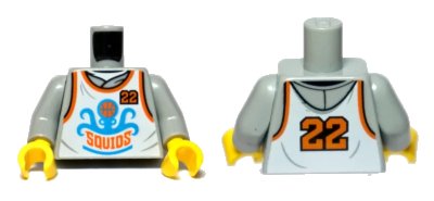 LEGO onderdeel Torso White Tank Top with Orange Number 22 on Front and Back, 'SQUIDS' and Dark Azure Squid Pattern / Light Bluish Gray Arms / Yellow Hands (973pb3833c01)