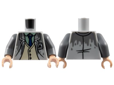LEGO onderdeel Torso Jacket with Dark Bluish Gray Wetness, Letter M on Pocket, Tan Vest, Sand Green Shirt, and Dark Blue Tie Pattern / Dark Bluish Gray Arms / Light Nougat Hands (973pb4798c01)