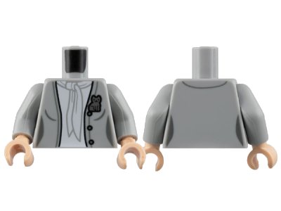 LEGO onderdeel Torso Female Open Jacket with 3 Buttons, Silver Cat Pin, White Blouse and Scarf Pattern / Light Bluish Gray Arms / Light Nougat Hands (973pb4922c01)