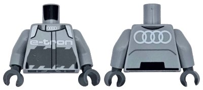 LEGO onderdeel Torso Racing Jacket with White Audi Logo, 'e-tron', and Shoulders, Dark Bluish Gray Panel Pattern / Light Bluish Gray Arms / Dark Bluish Gray Hands (973pb5616c01)