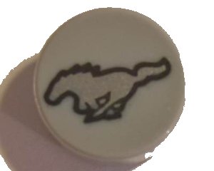 LEGO part Tile, Round 1 x 1 with Silver Horse with Black Border Pattern (Ford Mustang Logo) (98138pb085)
