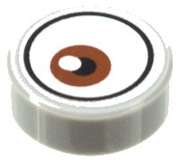 LEGO part Tile, Round 1 x 1 with White Eye with Off-Center Reddish Brown Iris Pattern 1 98138pb141