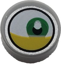 LEGO part Tile, Round 1 x 1 with White Eye with Off-Center Green Iris and Partially Closed Yellow Eyelid Pattern 98138pb145