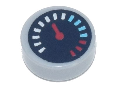 LEGO part Tile, Round 1 x 1 with Black Gauge with Red Pointer and White, Medium Azure, and Red Tick Marks Pattern (98138pb175)