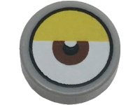 LEGO part Tile, Round 1 x 1 with White Eye with Centered Reddish Brown Iris and Partially Closed Yellow Eyelid Pattern 98138pb411