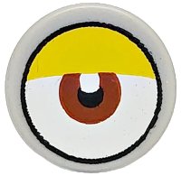 LEGO part Tile, Round 1 x 1 with White Eye with Centered Reddish Brown Iris and Partially Closed Curved Yellow Eyelid Pattern 98138pb417