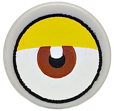 LEGO onderdeel Tile, Round 1 x 1 with White Eye with Centered Reddish Brown Iris and Partially Closed Curved Yellow Eyelid Pattern (98138pb417)