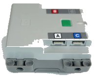 LEGO part Electric Battery Box Powered Up Bluetooth Hub with Dark Bluish Gray Bottom - Clip Opening with Letters A, B, C and D on Dark Bluish Gray Background Pattern (Stickers) - Set 42099 bb0961c01pb01