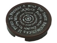 LEGO part Tile, Round 2 x 2 with Bottom Stud Holder with White 'THE THREE BROOMSTICKS' Pattern (Sticker) - Set 76388 14769pb470