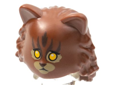LEGO part Minifigure, Headgear Head Cover, Cat with Mid-Length Hair in Back with Yellow Eyes, Tan Muzzle and Eye Patches, Dark Brown Stripes Pattern (18513pb01)