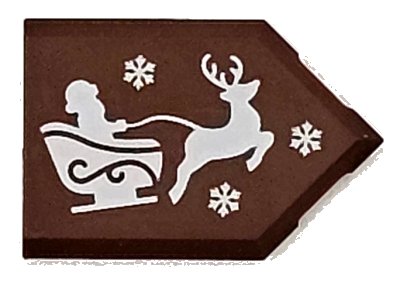 LEGO part Tile, Modified 2 x 3 Pentagonal with White Santa, Sleigh, Reindeer and Snowflakes Pattern (22385pb310)