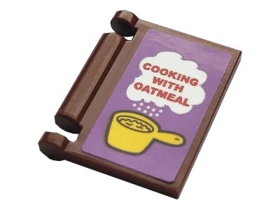 LEGO onderdeel Minifigure, Utensil Book Cover with Red 'COOKING WITH OATMEAL', White Steam, and Yellow Pan on Medium Lavender Background Pattern (Sticker) - Set 21324 (24093pb033)