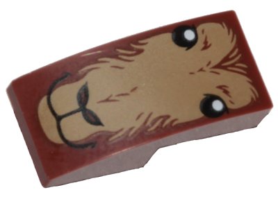 LEGO part Slope, Curved 2 x 1 x 2/3 Inverted with Dark Tan Fur, Eyes, Closed Mouth and Nostrils Pattern (Goat Face) (24201pb002)