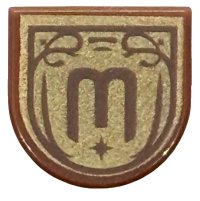 LEGO part Tile, Round 1 x 1 Half Circle Extended with Dark Brown Letter E / M / W in Ornate Frame on Gold Background Pattern 24246pb053