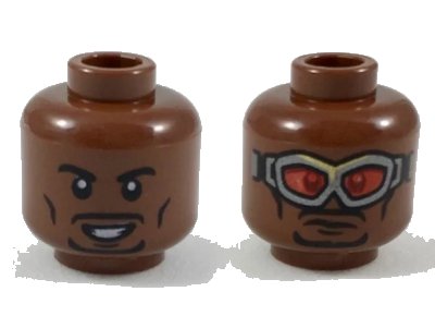 LEGO onderdeel Minifigure, Head Dual Sided Black Eyebrows and Goatee, Smile / Silver Goggles with Red Lenses Pattern (3626pb2111)