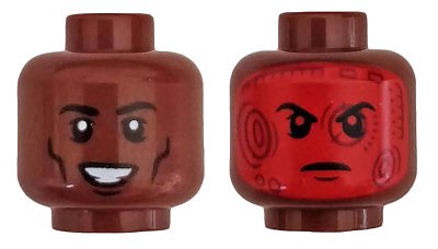 LEGO onderdeel Minifigure, Head Dual Sided Black Eyebrows, Eyelids, Cheek Lines, Chin Dimple, Open Mouth Smile with Teeth / Angry Frown with Red Head-Up Display (HUD) Pattern - Hollow Stud (3626pb2253)
