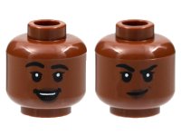LEGO onderdeel Minifigure, Head Dual Sided Female Black Eyebrows Thick, Single Eyelashes, Dark Brown Lips, Open Mouth Smile with Top Teeth and Red Tongue / Smirk Pattern - Hollow Stud 3626pb3015