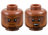LEGO onderdeel Minifigure, Head Dual Sided Dark Orange Eyebrows and Beard with Dark Red Highlights, Frown / Open Mouth Smile with Top Teeth Pattern - Vented Stud 3626pb3670