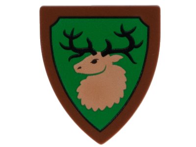 LEGO onderdeel Minifigure, Shield Triangular  with Forestmen Elk / Deer Head on Green Background with Black Outline Pattern (3846pb058)