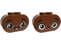LEGO part Duplo, Brick 2 x 4 x 2 Rounded Ends with Faces with Black Eyebrows, Coral Tongue, Open Mouth Smile / Surprised Pattern 4198pb62