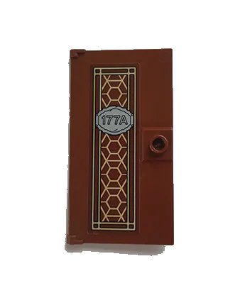 LEGO onderdeel Door 1 x 4 x 6 with Stud Handle with Pearl Gold Ornament and '177A' Pattern (Sticker) - Set 76108 (60616pb040)
