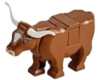 LEGO part Cow with Light Nougat Muzzle and White Spot on Head Pattern with Long Horns (Tile on Top) 64452pb01c02