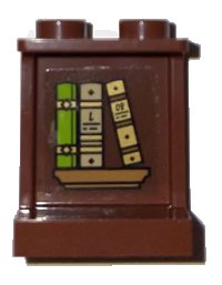 LEGO part Panel 1 x 2 x 2 with Side Supports - Hollow Studs with Lime, Dark Tan, and Gold Books, Medium Nougat Shelf Pattern (Sticker) - Set 75969 87552pb084
