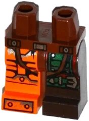 LEGO onderdeel Hips and 1 Dark Brown Left Leg with Green Armor and Knee Belt, 1 Orange Right Leg with Black and Silver Bolted Armor Plates Pattern (970d31pb01)