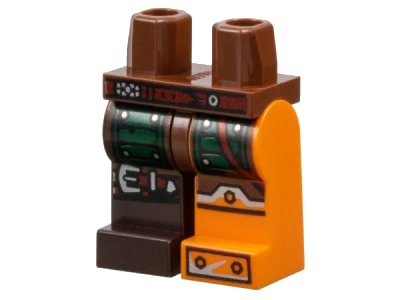 LEGO onderdeel Hips and 1 Orange Left Leg with Armor and Black and Silver Bolted Boots, 1 Dark Brown Right Leg with Green Armor and Knee Belt Pattern (970d32pb01)