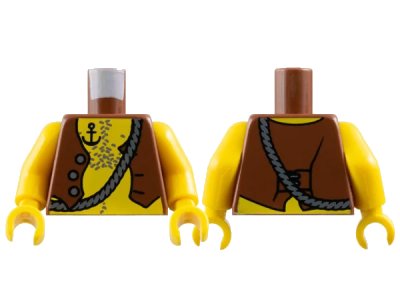 LEGO onderdeel Torso Pirate Vest Open with Silver Buttons, Dark Bluish Gray Rope and Chest Hair, Black Anchor Tattoo Pattern / Yellow Arms / Yellow Hands (973pb0523c01)