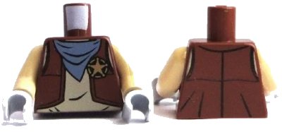 LEGO onderdeel Torso Western Vest with Star Badge and Blue Bandana Pattern / Tan Arms / Light Bluish Gray Hands (973pb1570c01)