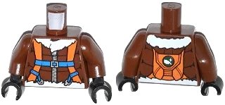 LEGO onderdeel Torso Aviator Jacket with Orange Parachute and Straps, Arctic Explorer Logo on Reverse Pattern / Reddish Brown Arms / Black Hands (973pb1704c01)