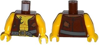LEGO onderdeel Torso Pirate Vest Open with Medium Nougat Patches, Dark Bluish Gray Belt with Gold Buckle, Dark Orange Muscles Outline, Black Anchor Tattoo Pattern / Yellow Arms / Yellow Hands (973pb1927c01)