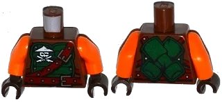 LEGO onderdeel Torso Ninjago Green Armor with Belts, Ninja Skull with Crossed Swords and Scabbards Pattern / Orange Arms / Dark Brown Hands (973pb2303c01)