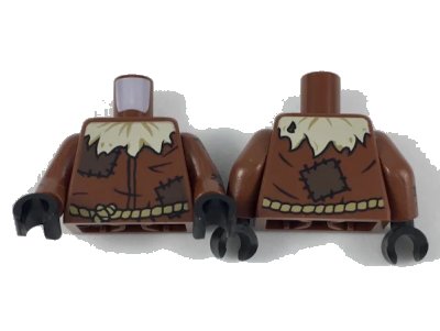 LEGO onderdeel Torso Worn Shirt with Tan Straw at Neck and Dark Brown Patches, Dark Tan Rope Belt / Reddish Brown Arms with Dark Brown Patches Pattern / Black Hands (973pb3082c01)