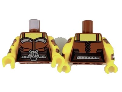 LEGO onderdeel Torso Female Bodice, Silver Trim and Large Cat Head Buckle Pattern / Yellow Arms with Reddish Brown and Silver Cuff and Strap Pattern / Yellow Hands (973pb3439c01)