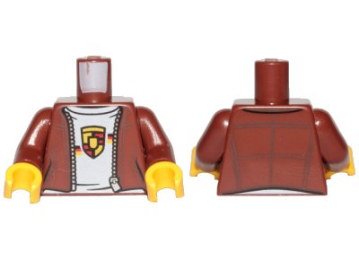 LEGO onderdeel Torso Speed Champions Jacket with Zipper, White Shirt and Porsche Logo Pattern / Reddish Brown Arms / Yellow Hands (973pb3707c01)