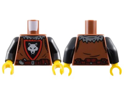 LEGO onderdeel Torso Castle Wolfpack with Black and Red Shield, Light Bluish Gray Wolf, Dark Bluish Gray Collar and Dark Red Belt with Pouches Pattern / Black Arms / Yellow Hands (973pb5568c01)