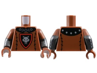 LEGO onderdeel Torso Black Collar, Shield with Red Border, and Stitching, Silver Chain and Wolf Head Pattern / Pearl Dark Gray Arms with Molded Reddish Brown Short Sleeves and Printed Silver Chain Mail Pattern / Reddish Brown Hands (973pb5920c01)