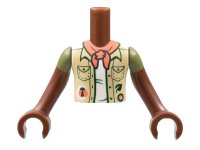 LEGO part Torso Mini Doll Boy Tan Vest over White Shirt, Coral Scarf Pattern, Reddish Brown Arms with Hands with Olive Green Short Sleeves FTBpb071c01