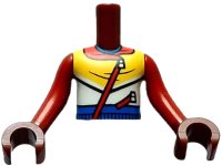 LEGO part Torso Mini Doll Boy Yellow, White, Blue and Red Hoodie with Zippers Pattern, Reddish Brown Arms with Hands with Red Long Sleeves FTBpb085c01